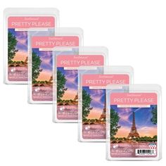 three packs of pretty please tea bags with the eiffel tower in the background