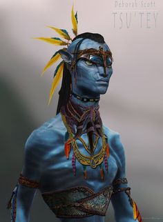 a woman with blue skin and yellow feathers on her head is wearing an elaborate costume