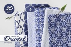 blue and white patterns are featured in this ad