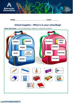 an image of school supplies that are labeled in english and spanish, including backpacks