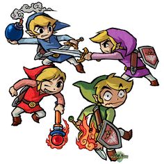 the legend of zelda characters are flying through the air