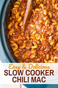 Chili Mac prepared in slow cooker with wooden spoon. Quick Slow Cooker Meals, Slow Cooker Chili Mac, Chili Mac Recipe, Delicious Slow Cooker Recipes, Chili Mac, Pot Roast Slow Cooker, Slow Cooker Chili, Slow Cooker Dinner, Slow Cooker Recipes Healthy