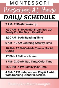 the flyer for montessoi preschool at home daily schedule, with instructions to help students learn