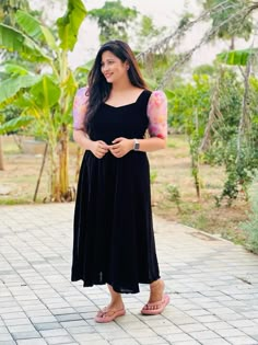 Short Hand Designs For Kurtis, Hand Designs For Kurtis, Black Velvet Frock, Dress Stitching Ideas, Kalamkari Kurta, Velvet Frock