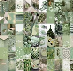 a collage of green and white images with flowers, trees, plants, and other things in them