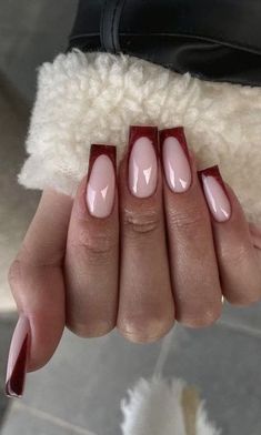 Nail Designs Red French Tip, French Tip Nails Burgundy, Red French Nails, Red Tip Nails, Deep Red Nails, Dark Red Nails, Red Acrylic Nails, Red French, French Tip Acrylic Nails