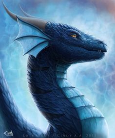 a blue dragon with orange eyes is shown in this digital painting style photo by scottie cindy