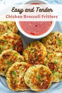 easy and tender chicken broccoli fritters on a plate with dipping sauce