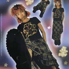 an advertisement featuring a woman with red hair in plaid dress and stars on the background