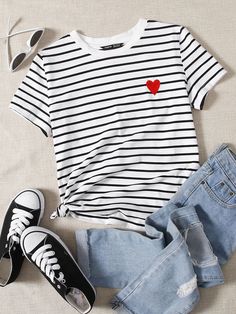 Black and White Casual  Short Sleeve Cotton Heart,Striped  Embellished Slight Stretch Summer Women Tops, Blouses & Tee Chic Romper, Dresses For Pregnant Women, Heart Embroidery, Stripe Outfits, African Men Fashion, Striped Fabrics, Embroidery Details, White Casual, Striped Tee