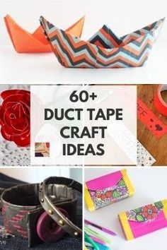 the collage shows different types of duct tape crafts, including paper boats and washi tapes