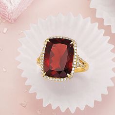 Ross-Simons - 13.00ct Garnet, .40ct t. w. Diamond Ring Emerald Cut in 14kt Yellow Gold. Size 5. Give your ring collection an upgrade with this stunning piece! A 13.00 carat cushion-cut garnet is trimmed by .40 ct. t. w. round brilliant-cut diamonds in polished 14kt yellow gold. 3/4" wide. Diamond and garnet ring. Garnet birthstones are the perfect gift for January birthdays. Diamond Ring Emerald Cut, Diamond Ring Emerald, Byzantine Rings, Garnet And Diamond Ring, Garnet Birthstone, Frame Ring, Emerald Cut Diamond Ring, Ring Emerald Cut, Blue Topaz Bracelet