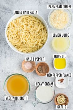 the ingredients to make this pasta recipe are shown in bowls and labeled with their names