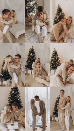 a man and woman are sitting in front of a christmas tree