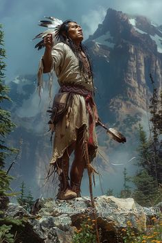 a native american man standing on top of a mountain