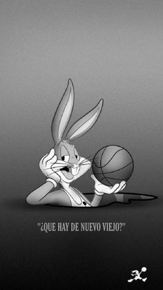 an animated rabbit is holding a basketball in its paws and the words, que hay de nevo velo?