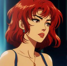 a woman with red hair and blue eyes looks off to the side while wearing a necklace