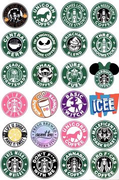 various starbucks logos are shown in the shape of mickey mouse's head and other disney characters