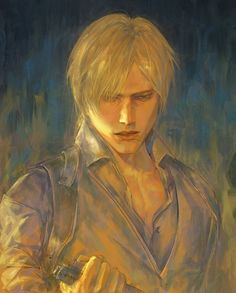 a painting of a man with blonde hair and blue shirt holding a cell phone in his hand