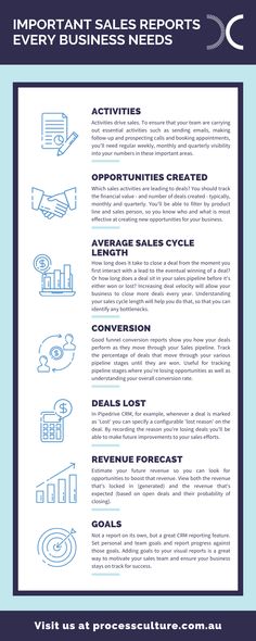 a blue and white flyer with the words important sales reports every business needs