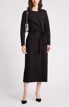 A draped waist tie lends contemporary elegance to a mid-length dress framed by long sleeves and a jewel neck. 48" length (size Medium) Jewel neck Long sleeves Attached waist tie Unlined 78% polyester, 17% rayon, 5% spandex Machine wash, tumble dry Imported Elegant Long Sleeve Midi Dress With Tie Waist, Formal Long Sleeve Midi Dress With Tie Waist, Black Long Sleeve Dress With Tie Waist, Elegant Long Sleeve Dresses With Tie Waist, Elegant Midi-length Nordstrom Dress, Elegant Midi Length Nordstrom Dress, Chic Nordstrom Midi Dress, Ladies Day Dresses, Day To Night Dresses