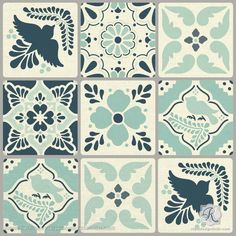 nine tiles with blue and white designs in different shapes, including one bird on the left side