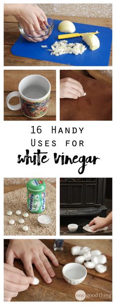 collage of photos showing how to use white vinegar for baking and other things in the kitchen