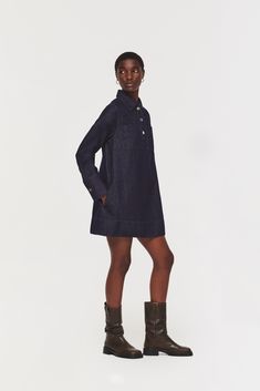 Iconic Grace denim mini dress Relaxed fit with pleat detail at back to add volume Buttons from collar Shirt collar Long sleeves Patch pockets and side seam pockets Size 10 has a length of 85cm (measured from the side neck point to hem) Midi Denim, Denim Outerwear, Conscious Fashion, Denim Mini Dress, Denim Details, Silver Buttons, Long Sleeve Midi, Collar Shirt, Button Front Shirt