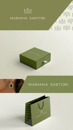 the packaging design for marnia sartorii's jewelry collection is shown in three different colors