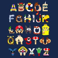 the letters are made up of different cartoon characters and their names, all in various colors