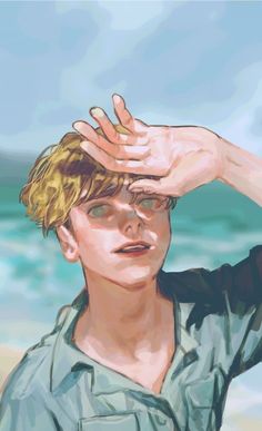 a digital painting of a young man holding his hands up to his head with the ocean in the background