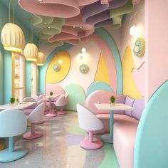 the interior of a restaurant with pastel colors