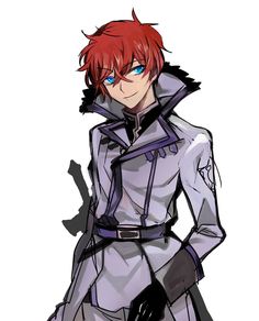 an anime character with red hair and blue eyes, wearing a gray outfit while standing in front of a white background