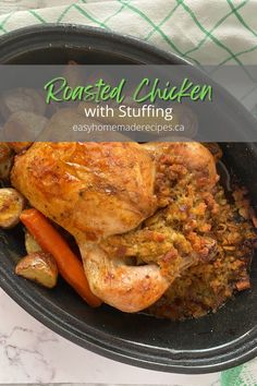 roasted chicken with stuffing in a cast iron skillet