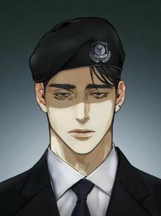 a man in a suit and tie wearing a black beret with an emblem on it