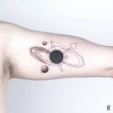 a man's arm with a saturn tattoo on it