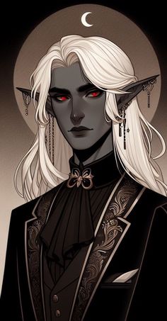 the white haired woman with red eyes is dressed in black and has horns on her head