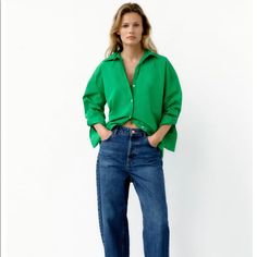 Size: S New With Tags Oversized Green Button Up Shirt Outfit, Green Oversized Shirt Outfit, Green Shirt Outfits, Oversized Shirt Outfit, Green Pants Outfit, Outfits Con Camisa, Oversized Poplin Shirt, Green Outfits, Outfit Zara