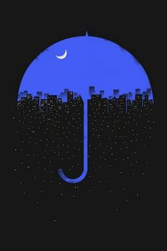 an umbrella with city lights in the background and a crescent moon on it's side