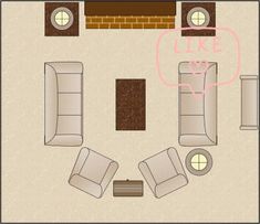 a drawing of a living room with two couches and a fireplace in the corner