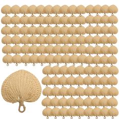 a large collection of beige objects with chains hanging from it's sides and an umbrella on the other side