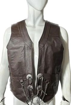 Mens Brown Original Cow Leather Vest Chain Concho Motorcycle Biker Waistcoat New | eBay Fall Biker Vest Outerwear, Fall Biker Vest, Biker Style Vest Outerwear For Biker Events, Biker Style Vest For Biker Events, Winter Biker Vest With Pockets, Winter Biker Events Vest Outerwear, Brown Biker Vest With Pockets, Vest Chain, Leather Vest