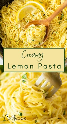 top is creamy lemon pasta on a wooden spoon. Bottom is a plate full of creamy lemon pasta with a silver fork Meatless Spaghetti, Creamy Lemon Pasta, Cozy Cook, Lemon Spaghetti, Meatless Meal, Easy Pasta Dinner, Chicken Shrimp, Pasta Sides