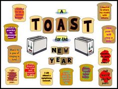 a toast for the new year poster with words written in different languages and pictures on it