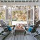 a large open room with chairs and tables in front of a glass wall that looks out onto the pool