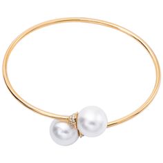 18K Yellow Gold 42 Diamonds 0.20 Carats 11-12 mm South Sea Pearls Modern Bangle, Pearl Bangle Bracelet, White Gold Bangle, Yellow Gold Bangle, Pearl Bangle, Vintage Bangles, Diamond Bangles Bracelet, Sea Pearl, Gold Bangle Bracelet