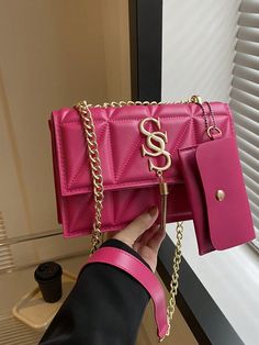 Fashionable Solid Color Chain Cover Flap Shoulder Bag For Women With Tassel Detailing Hot Pink Elegant,Fashionable   PU Leather Geometric Square Bag   Women Bags, size features are:Bust: ,Length: ,Sleeve Length: Sparkly Handbag, Bag With Tassel, Tassels Decor, Chain Crossbody Bag, Black Chain, Mini Shoulder Bag, Chain Shoulder Bag, Bag Bag, Bird In Bag