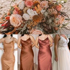 four different bridesmaid dresses with flowers in the back and on the right side