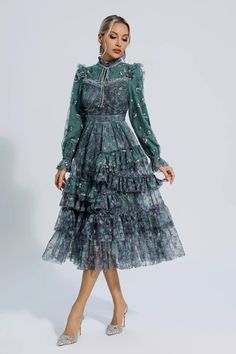 Presenting the Sevyn Dark Green Floral Mesh Long Sleeve Dress, adorned with intricate floral embroidery. Showcases a dark green floral mesh design, exuding elegance and charm. With its long sleeves and luxurious fabric, it offers a perfect blend of comfort and style.   Dress Length: Approx 122cm Materials: Polyester Gentle Dry Clean Only  The model is 5 ft 7 and wears size S  Color may vary due to lighting on images. The product images (without a model) are closest to the true color of the produ Mesh Long Sleeve Dress, Glitter Wedding Dress, Long Sleeve Mesh Dress, Bandage Midi Dress, Looks Party, Floral Shirt Dress, Puff Sleeve Dresses, Dress Store, Maxi Knit Dress