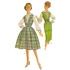 two women in dresses, one wearing a green dress and the other wears a white shirt